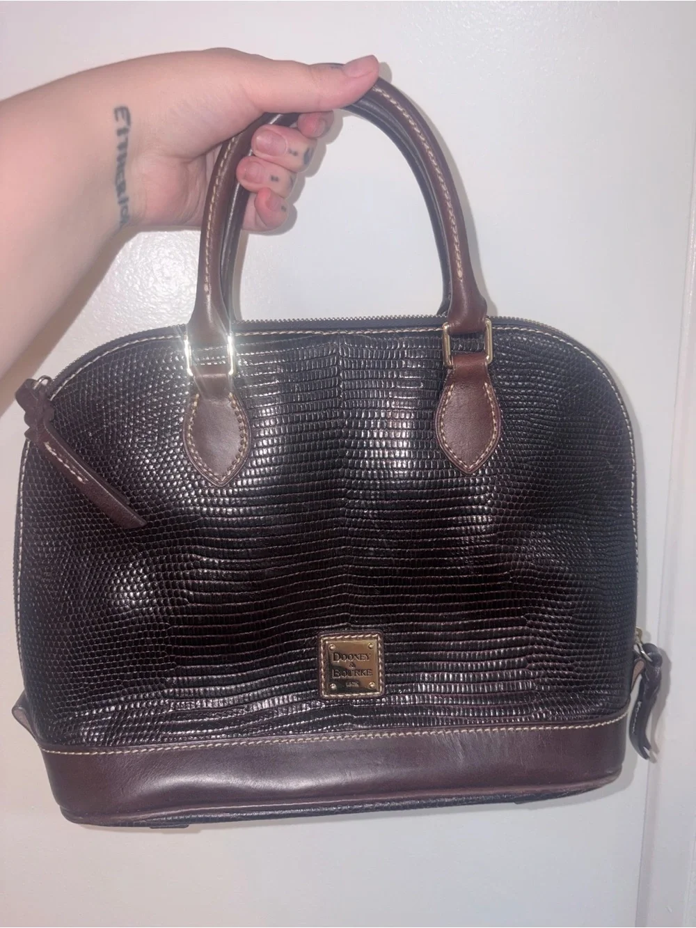 Dooney & Bourke Embossed Lizard Large Domed Satchel Dark Chocolate Leather